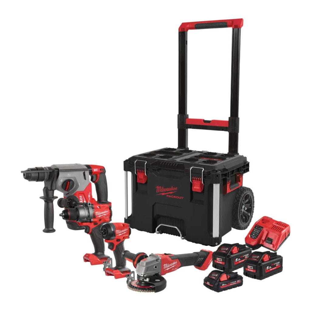 Milwaukee M18 FPP4E 555T FUEL Power Pack 4 akumulatorska alata 3 baterije PACKOUT kolica 4933492530